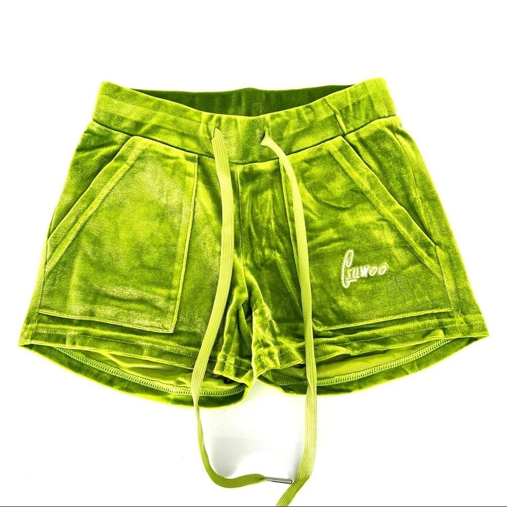 Gsuwoo Women's All Time Velour Drawstrings Shorts Apple Green - Picture 2 of 7